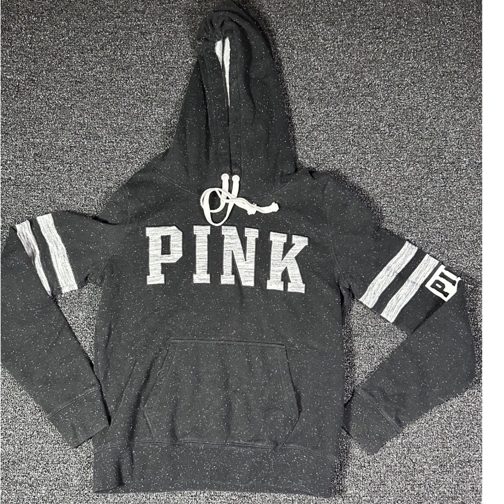 Victoria's Secret PINK Hoodie Speckled Black Varsity Stripe Pullover Medium